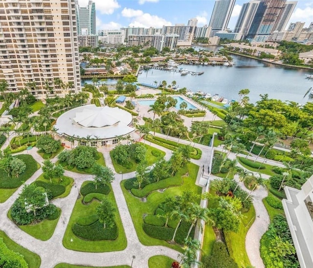 bird's eye view with a water view