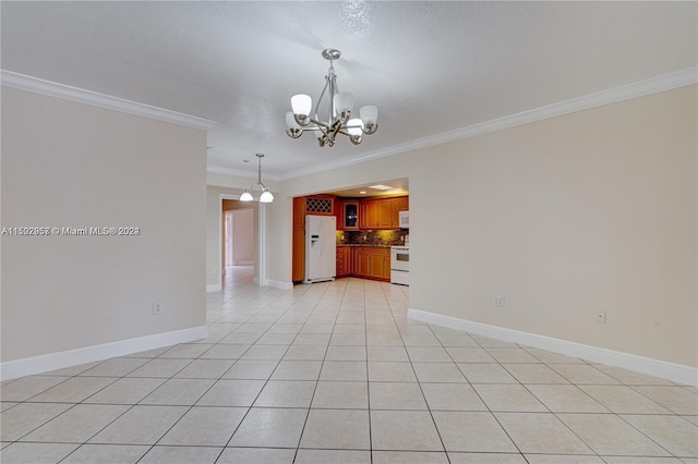 unfurnished room with a chandelier, crown molding, a textured ceiling, and light tile floors