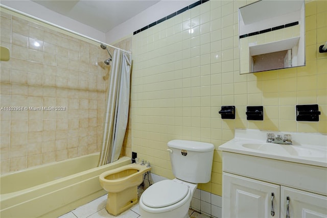 full bathroom with tile walls, toilet, shower / tub combo, tile flooring, and vanity