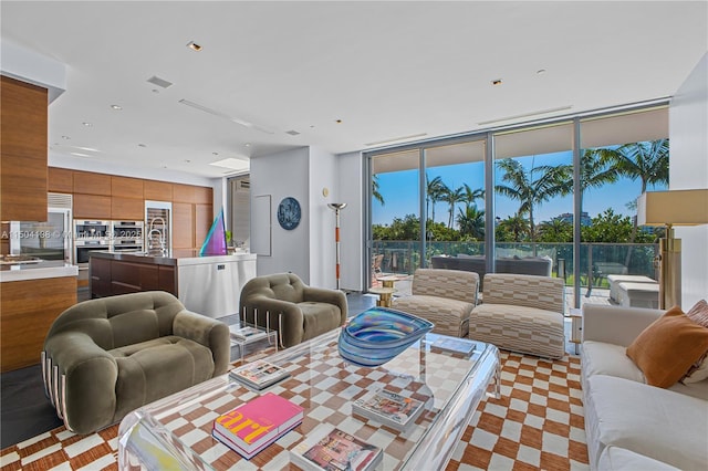 living room with sink and a wall of windows