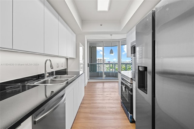 kitchen with white cabinetry, stainless steel appliances, light hardwood / wood-style floors, a raised ceiling, and sink