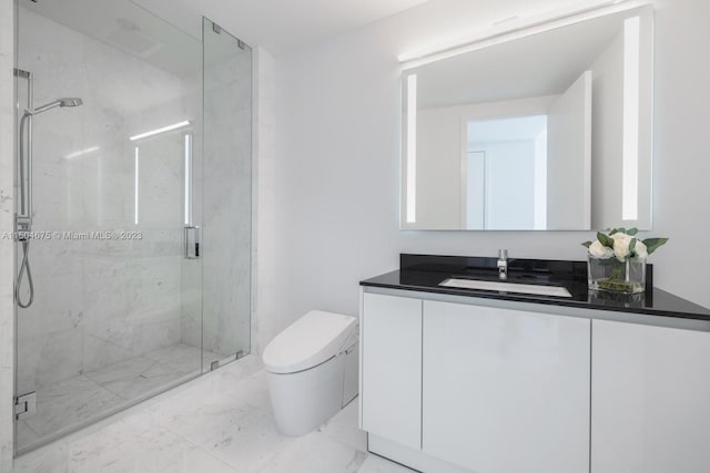 bathroom with tile floors, a shower with door, toilet, and vanity