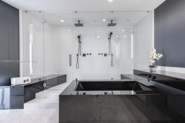 bathroom featuring walk in shower and tile flooring