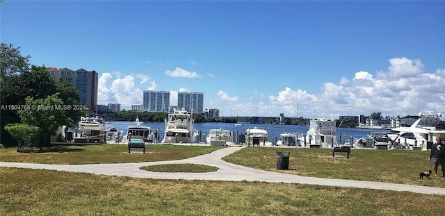 view of home's community featuring a boat dock, a water view, and a yard