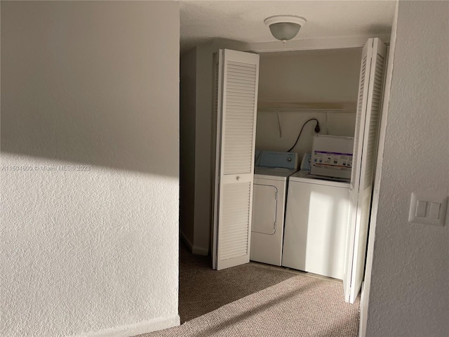 clothes washing area featuring carpet flooring and washing machine and clothes dryer