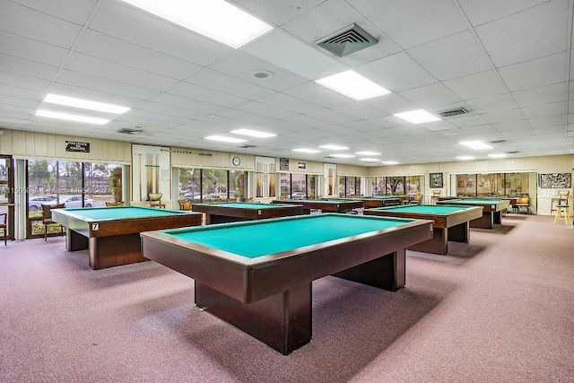 game room with a drop ceiling, carpet floors, and pool table