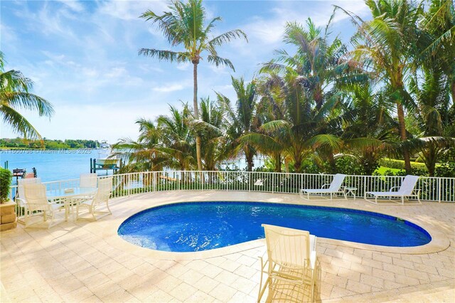 view of swimming pool with a water view and a patio