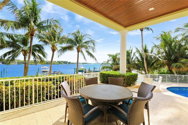 view of patio / terrace featuring a fenced in pool and a water view