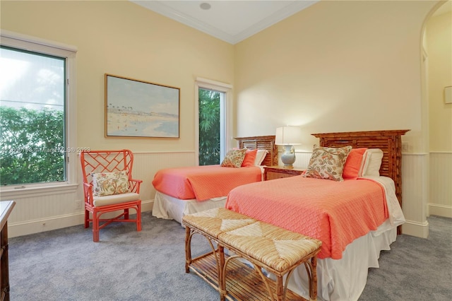 bedroom with carpet and ornamental molding