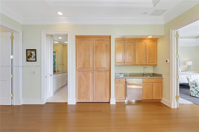 kitchen featuring sink, light wood-type flooring, light stone counters, dishwasher, and crown molding