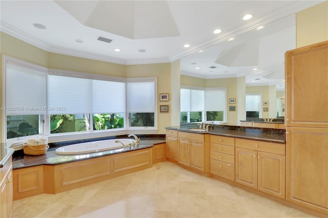 bathroom featuring a tray ceiling, large vanity, tile floors, and a bath