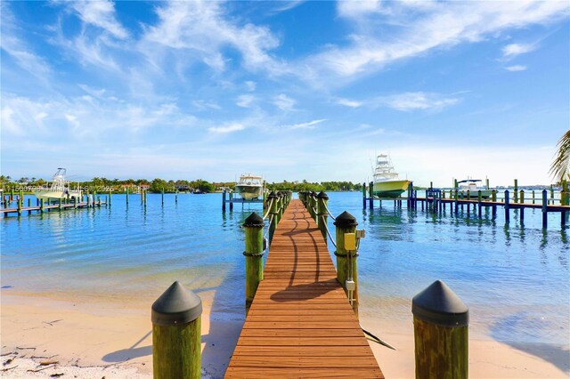 dock area featuring a water view and a view of the beach