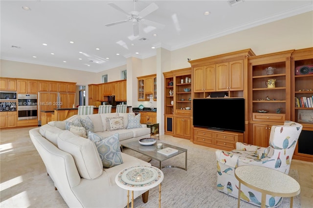 tiled living room featuring ceiling fan and ornamental molding