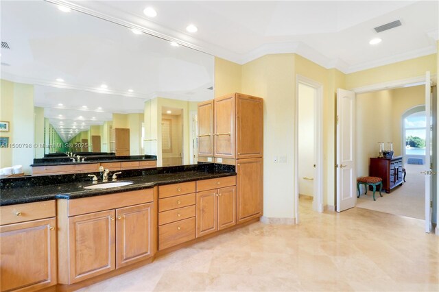 bathroom featuring ornamental molding and vanity