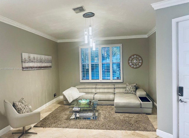 living room with ornamental molding