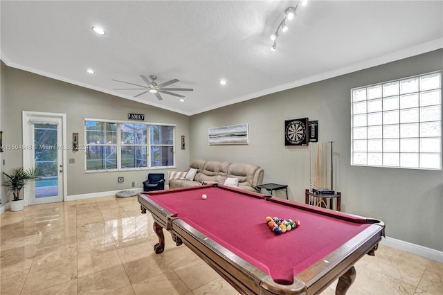 recreation room with pool table, a textured ceiling, vaulted ceiling, ceiling fan, and ornamental molding