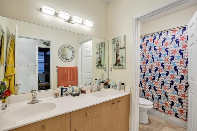 bathroom featuring vanity, toilet, and a shower with curtain