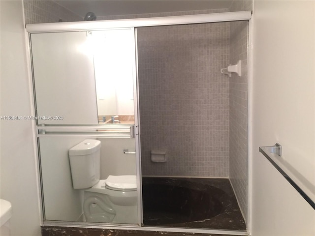 bathroom with shower with separate bathtub and toilet