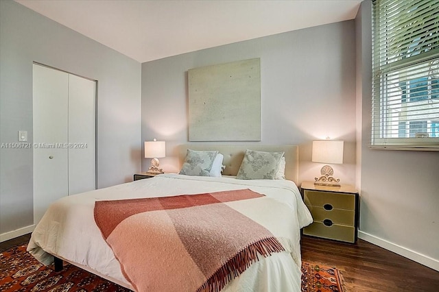 bedroom featuring dark hardwood / wood-style floors and a closet