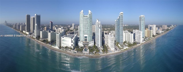 city view featuring a beach view and a water view