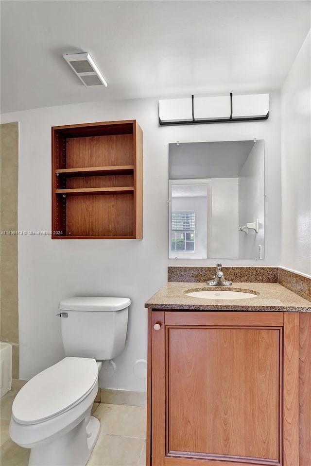 full bathroom featuring shower / bath combination, tile flooring, oversized vanity, and toilet