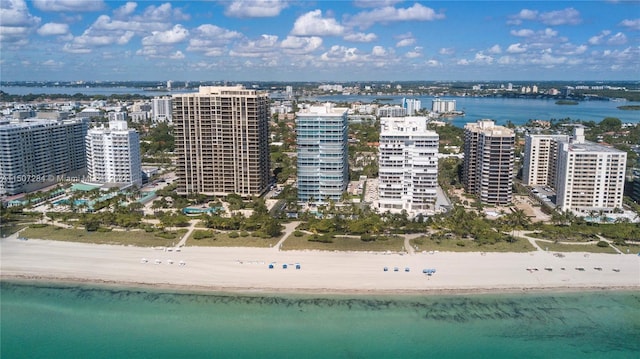 drone / aerial view with a water view and a view of the beach