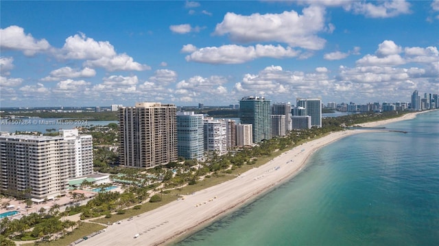 bird's eye view with a water view and a beach view