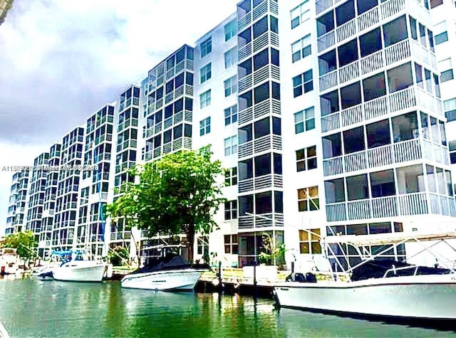 view of building exterior featuring a water view