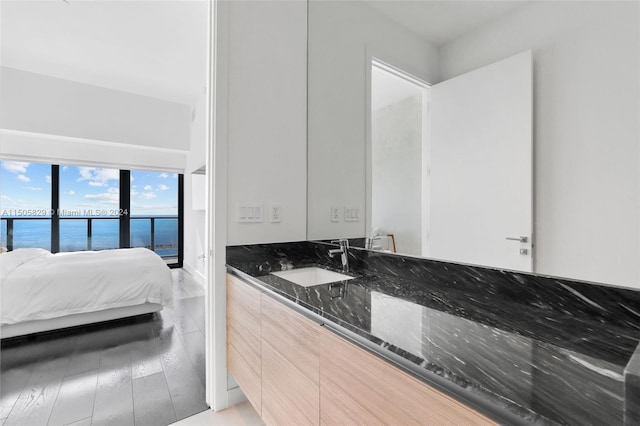 bathroom with a water view, vanity, and wood-type flooring