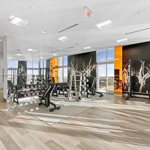 gym featuring floor to ceiling windows and hardwood / wood-style floors