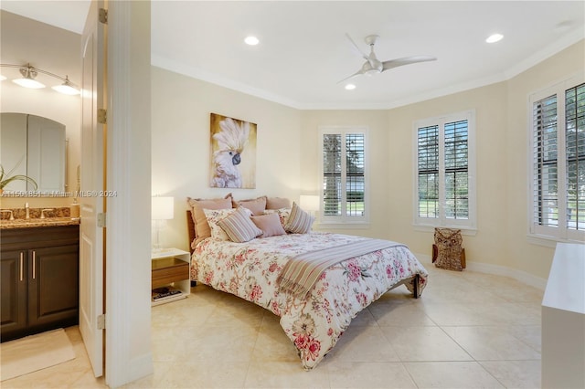 bedroom featuring multiple windows, light tile patterned floors, ceiling fan, and crown molding