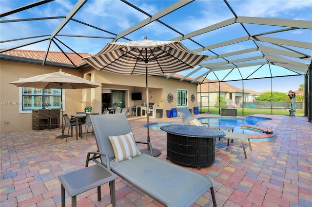 view of patio / terrace with glass enclosure, an outdoor bar, and a pool with hot tub