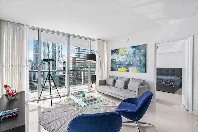 tiled living room featuring expansive windows