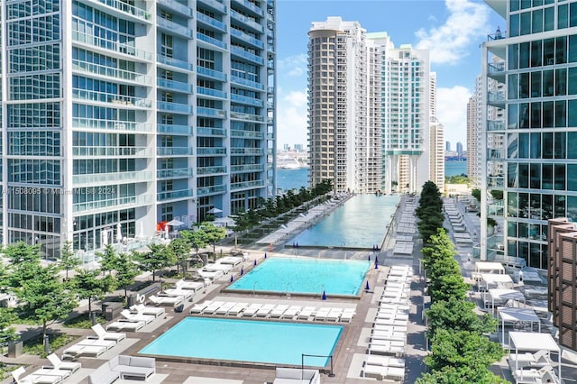 view of pool with a water view