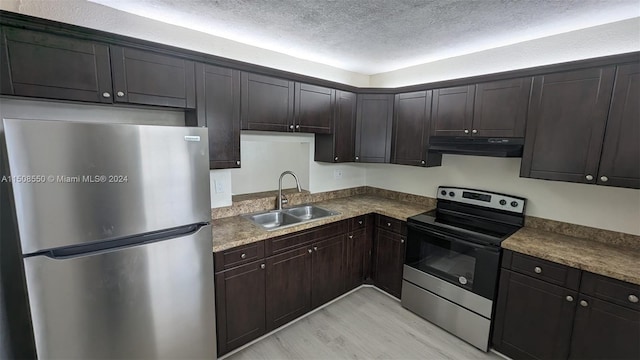 kitchen featuring dark brown cabinetry, stainless steel appliances, sink, and light hardwood / wood-style flooring