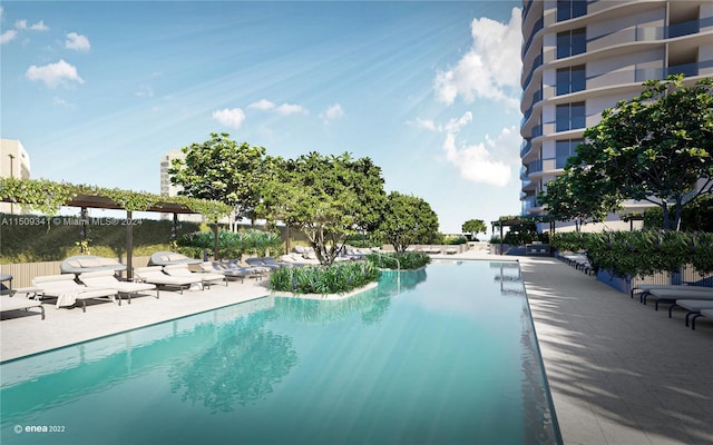 view of swimming pool featuring a patio area