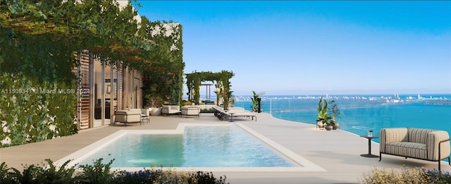 view of pool with a water view and an outdoor hangout area