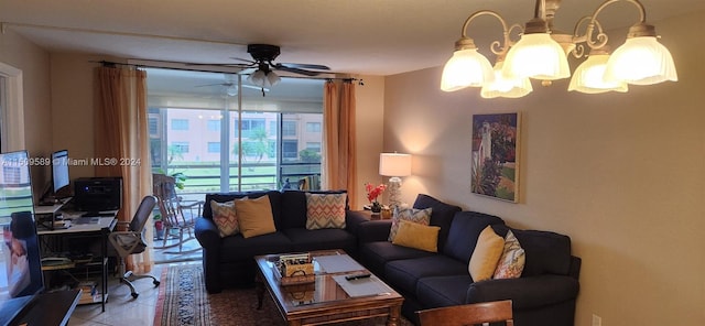 tiled living room featuring ceiling fan with notable chandelier