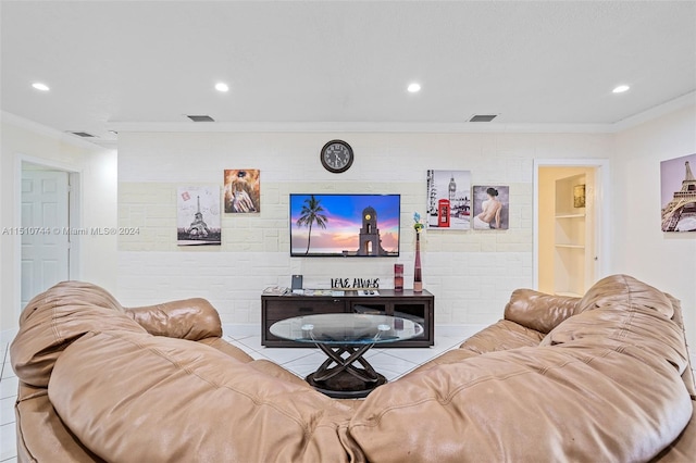 living room featuring brick wall and ornamental molding