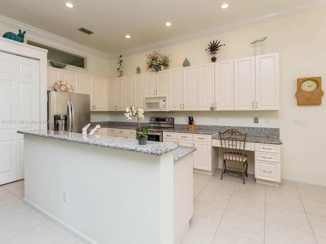 kitchen featuring light stone countertops, appliances with stainless steel finishes, crown molding, light tile patterned floors, and a center island with sink