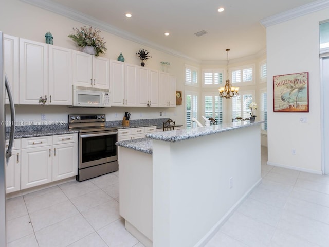 kitchen featuring stainless steel range with electric stovetop, ornamental molding, decorative light fixtures, a chandelier, and white cabinetry