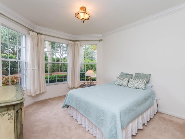 bedroom featuring light colored carpet and ornamental molding