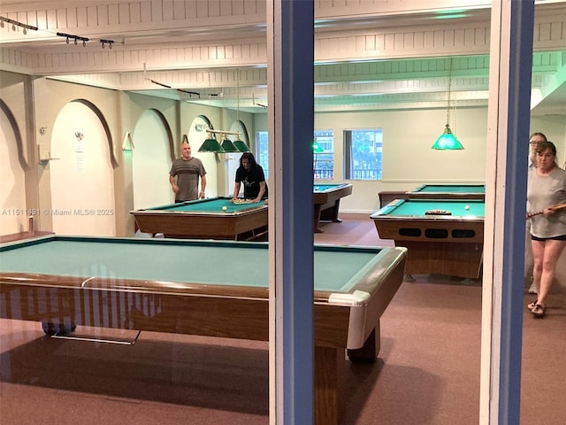 recreation room with carpet and pool table