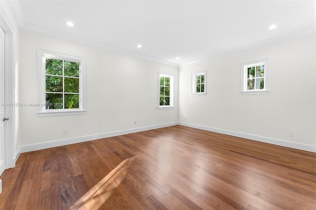 empty room featuring hardwood / wood-style floors and ornamental molding