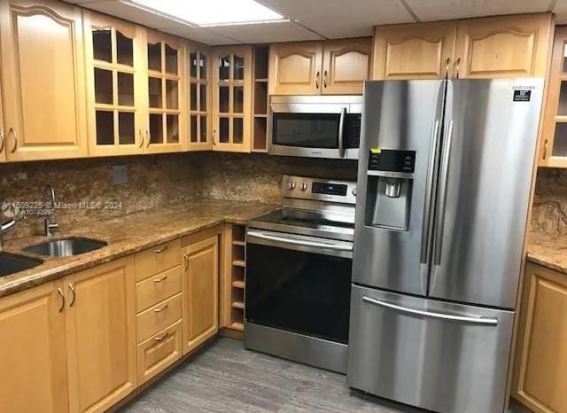 kitchen featuring backsplash, hardwood / wood-style floors, and appliances with stainless steel finishes