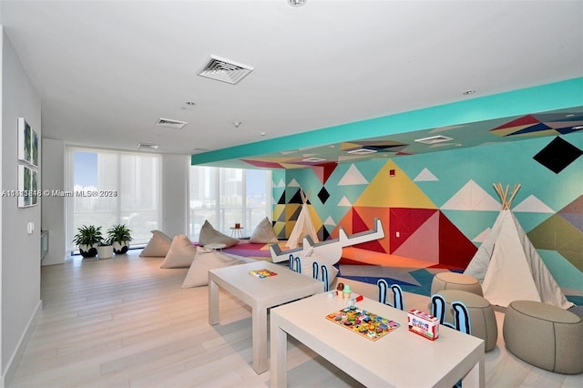 living room featuring expansive windows and light wood-type flooring