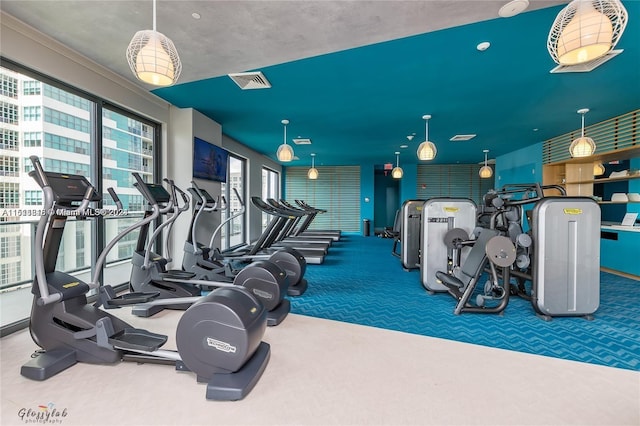 workout area featuring dark carpet