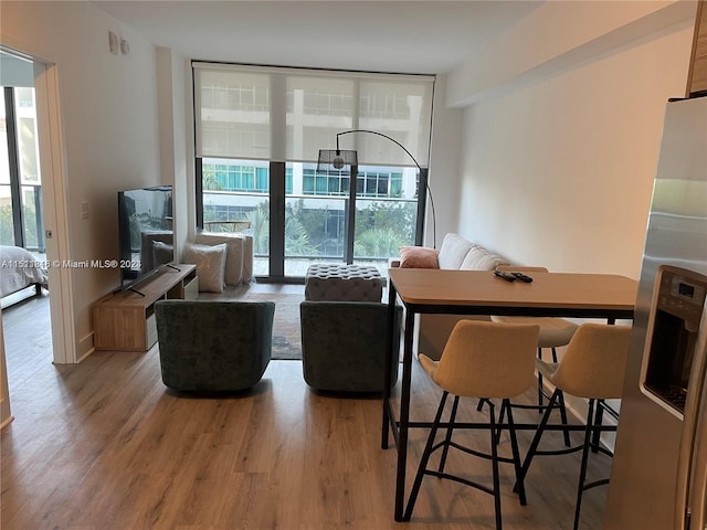 living room featuring floor to ceiling windows, light hardwood / wood-style floors, and a healthy amount of sunlight