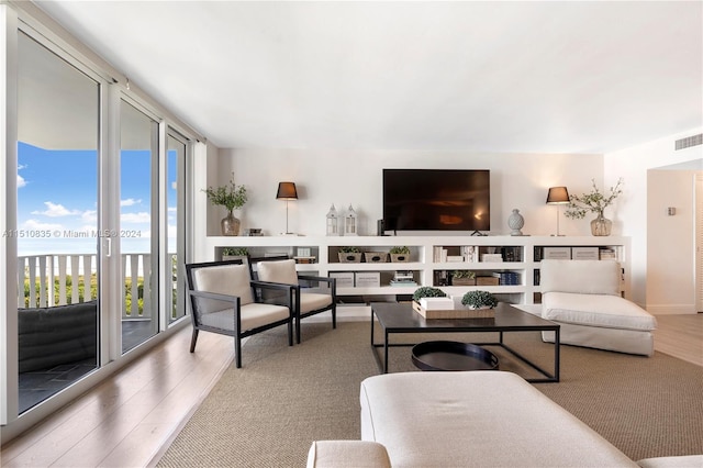 living room with expansive windows and light hardwood / wood-style flooring