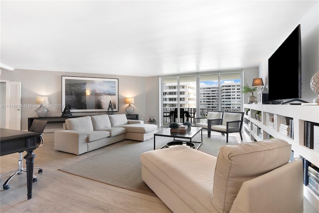 living room with light hardwood / wood-style floors and a wall of windows